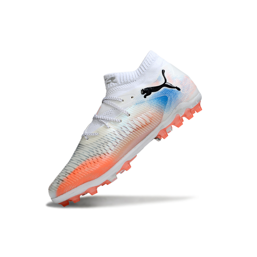 Chuteira Society Puma Future 8 MG Branco, Laranja e Azul