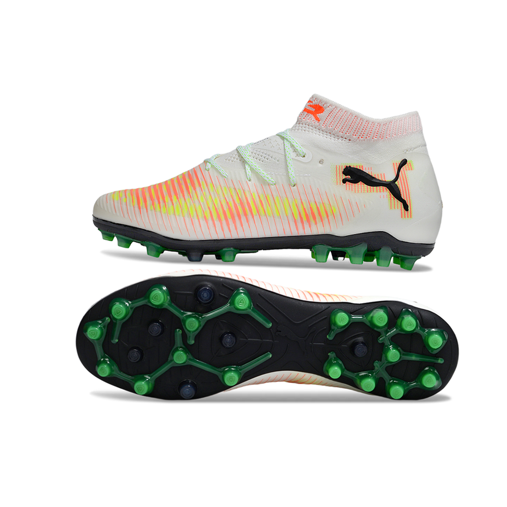 Chuteira Society Puma Future 8 MG Branco, Laranja, Amarelo e Verde