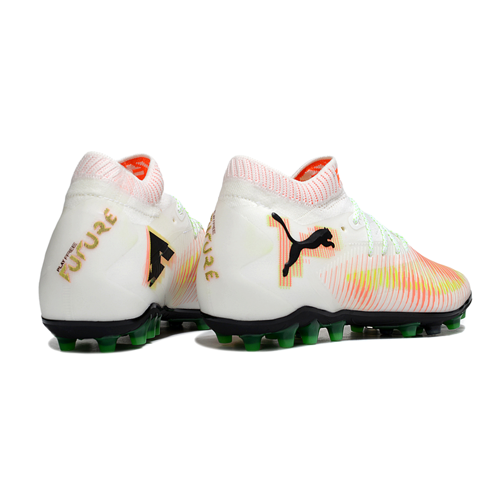 Chuteira Society Puma Future 8 MG Branco, Laranja, Amarelo e Verde