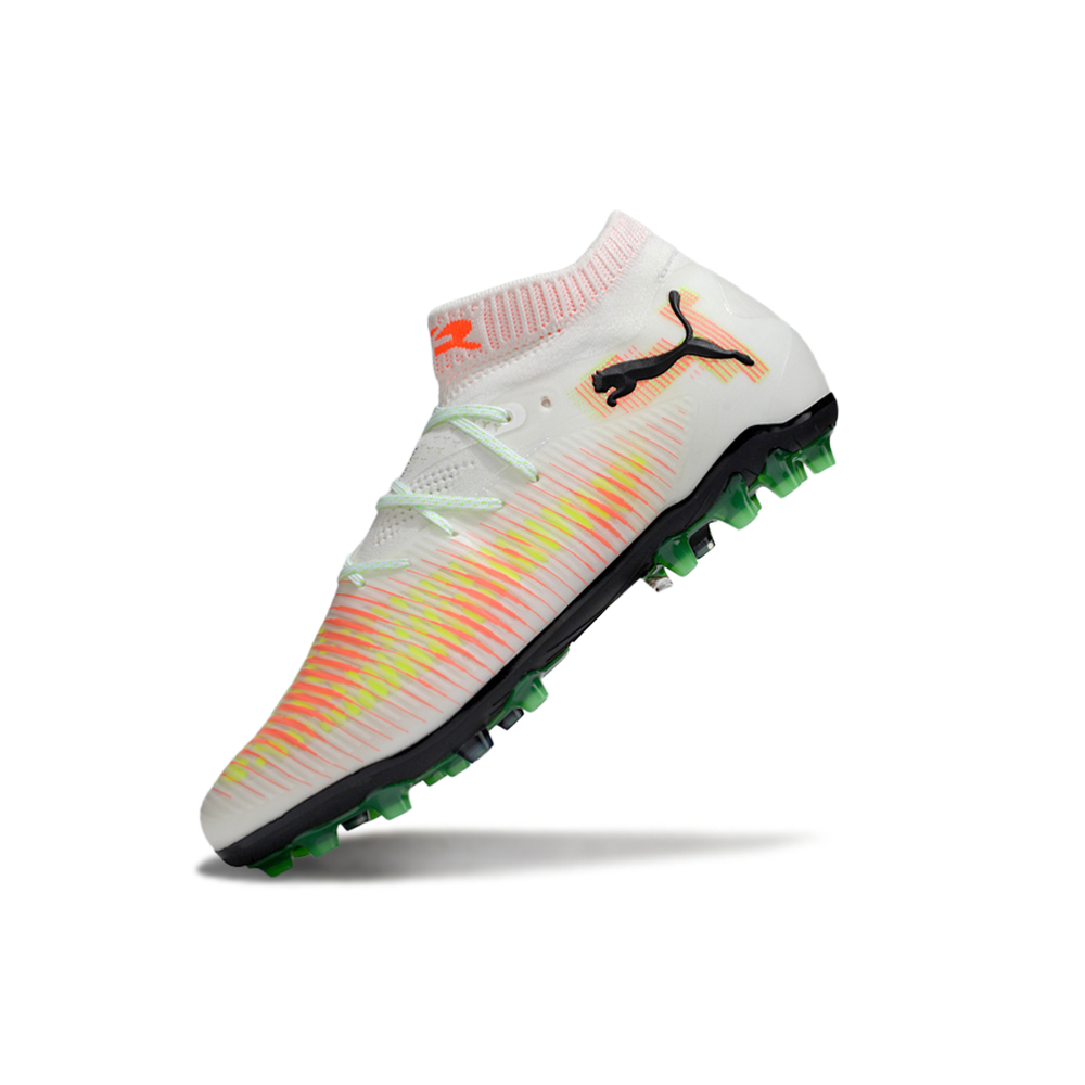 Chuteira Society Puma Future 8 MG Branco, Laranja, Amarelo e Verde