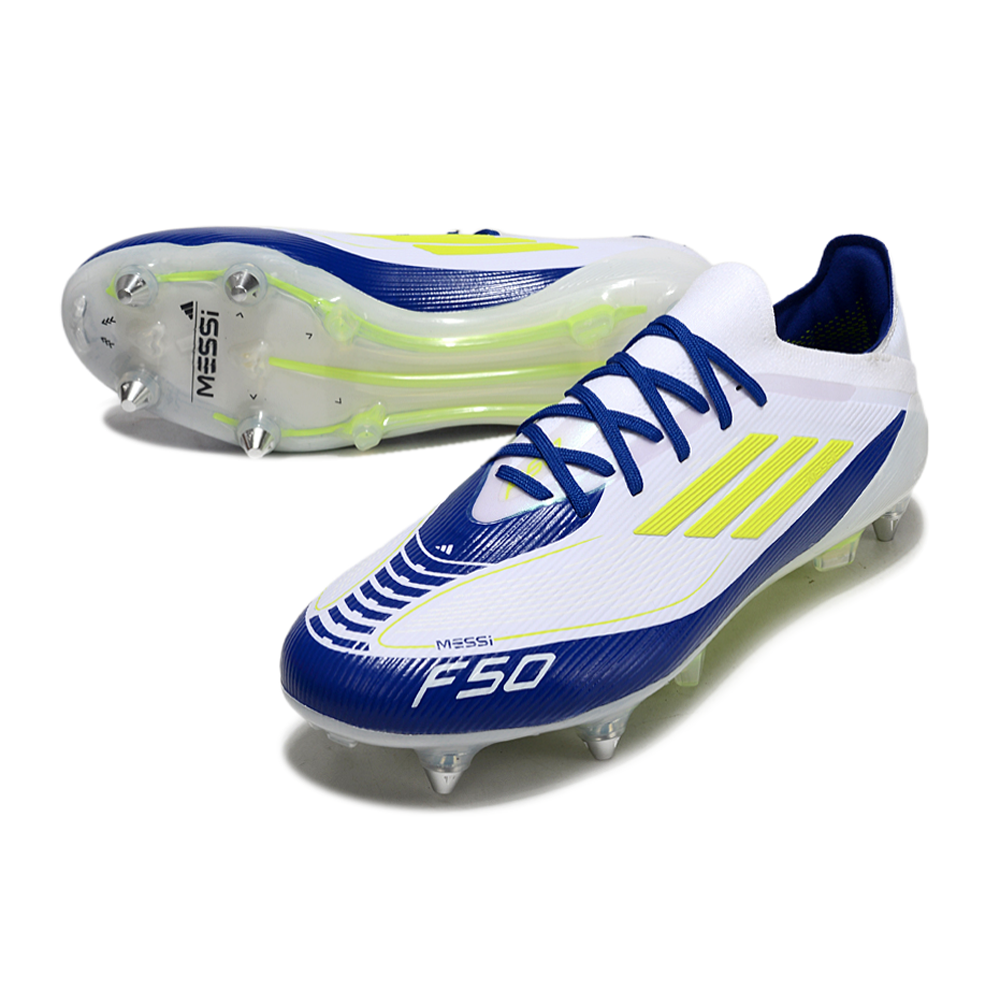 Chuteira Campo Adidas F50 Ponta de Aluminio Branco, Amarelo e Azul