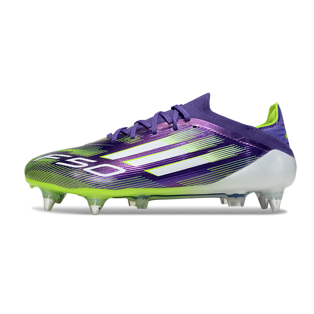 Chuteira Campo Adidas F50 Ponta de Aluminio Roxo, Branco e Verde