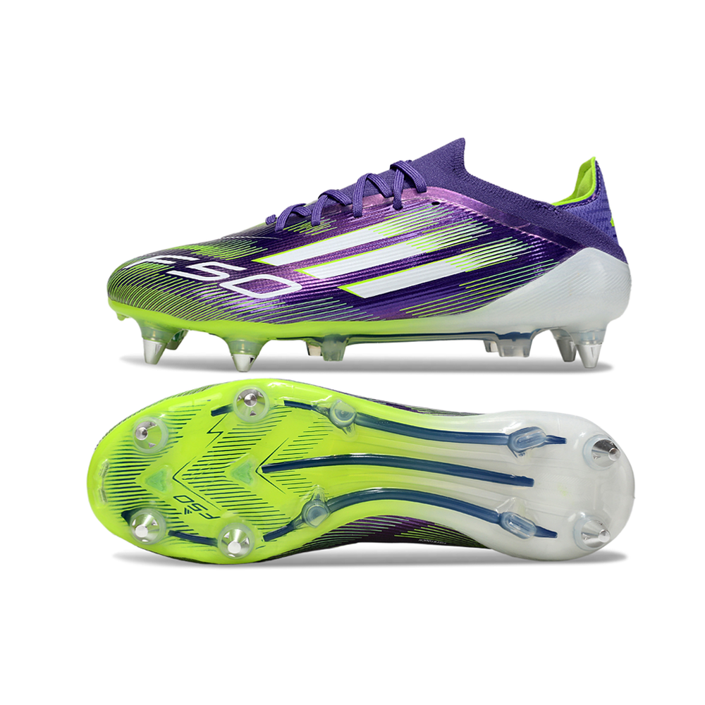 Chuteira Campo Adidas F50 Ponta de Aluminio Roxo, Branco e Verde