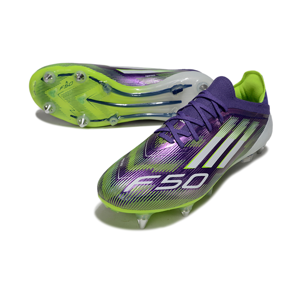 Chuteira Campo Adidas F50 Ponta de Aluminio Roxo, Branco e Verde