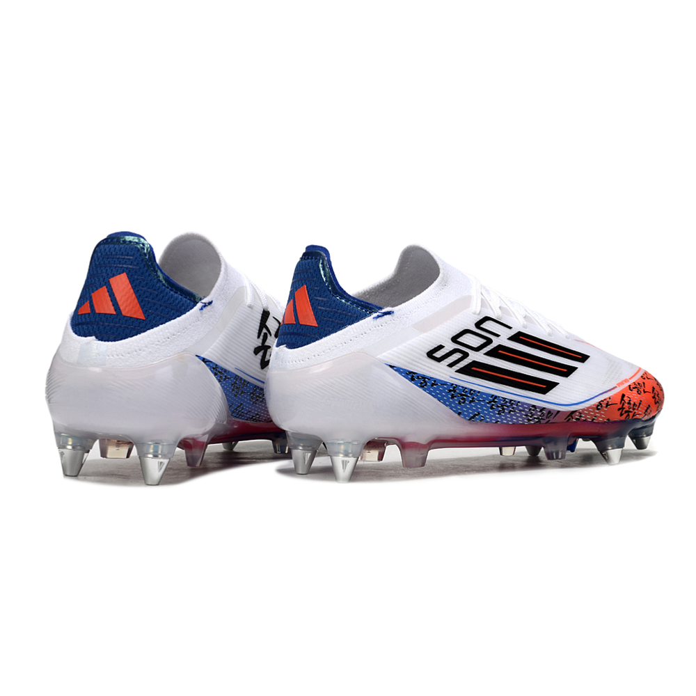 Chuteira Campo Adidas F50 Ponta de Aluminio Branco, Laranja e Azul