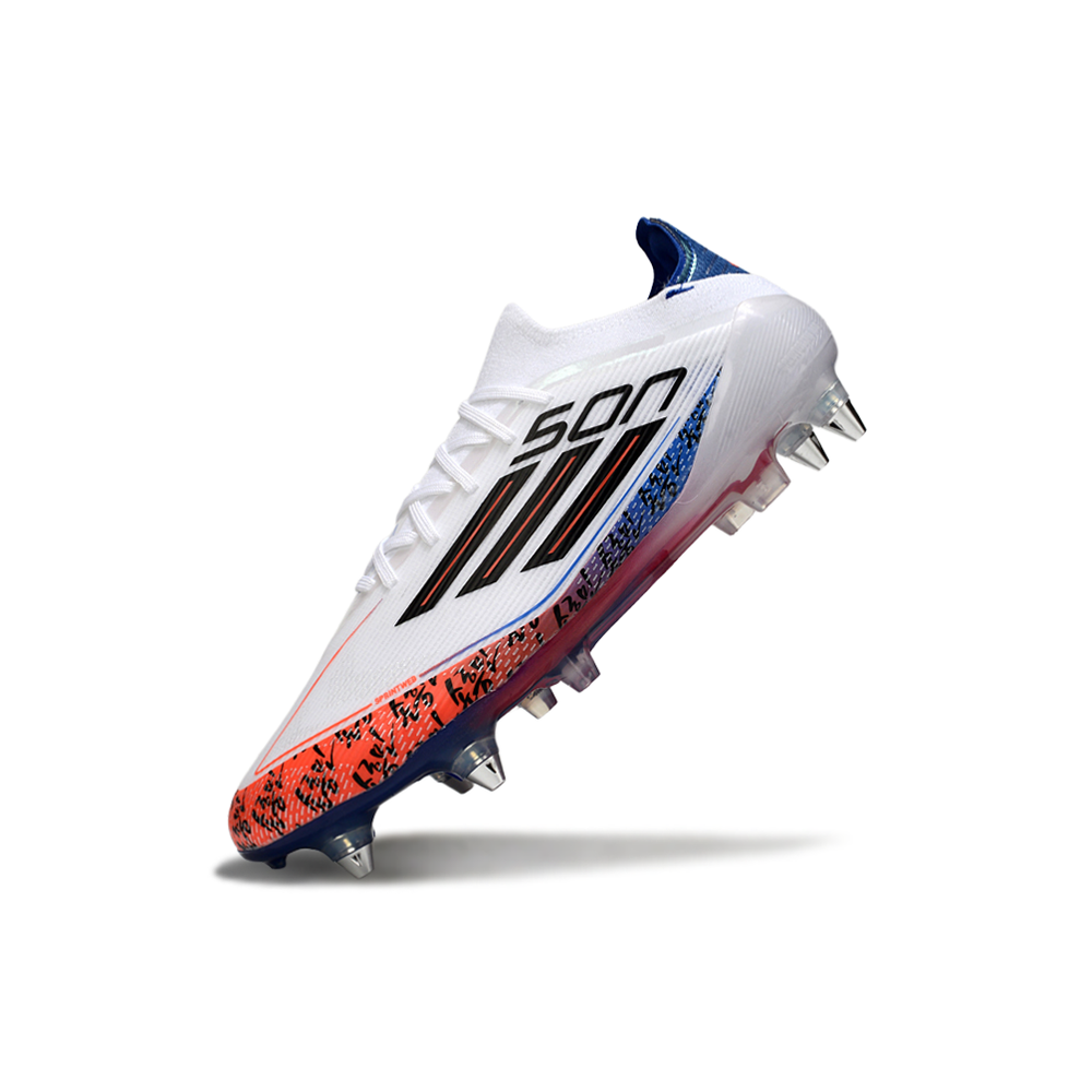 Chuteira Campo Adidas F50 Ponta de Aluminio Branco, Laranja e Azul