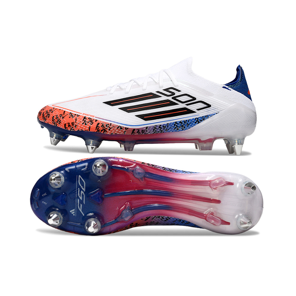 Chuteira Campo Adidas F50 Ponta de Aluminio Branco, Laranja e Azul