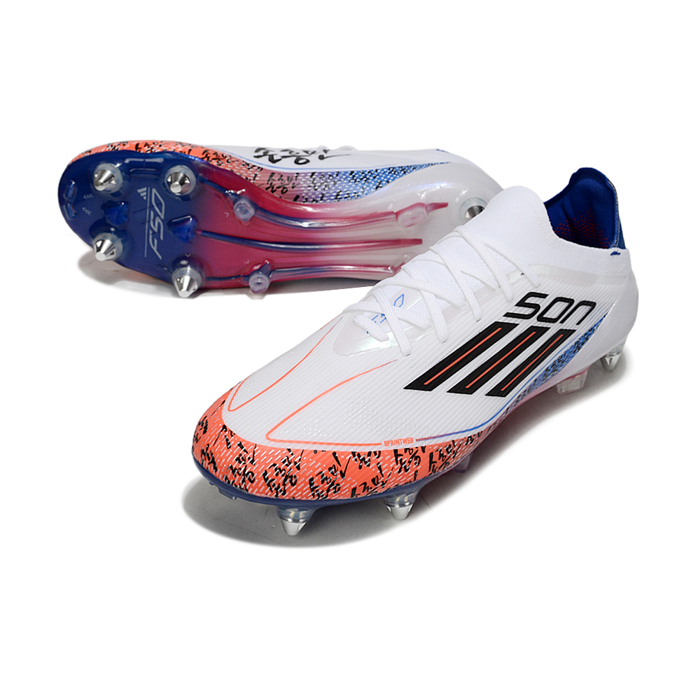 Chuteira Campo Adidas F50 Ponta de Aluminio Branco, Laranja e Azul