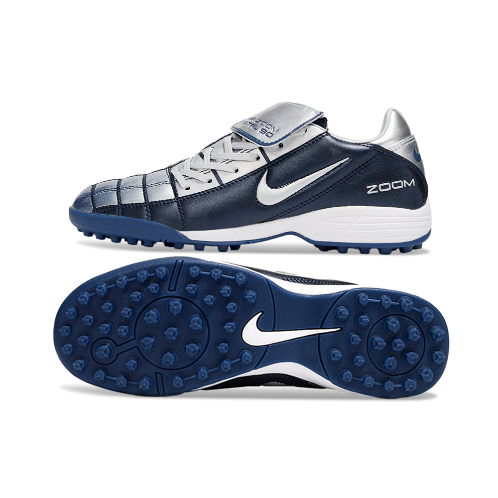 Chuteira Society Nike Total 90 TF Prata e Azul Escuro