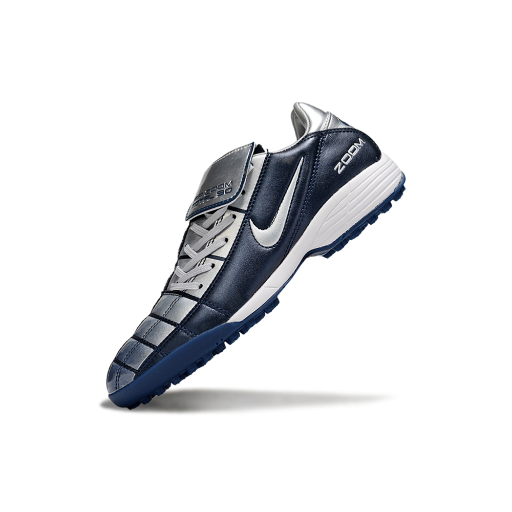 Chuteira Society Nike Total 90 TF Prata e Azul Escuro