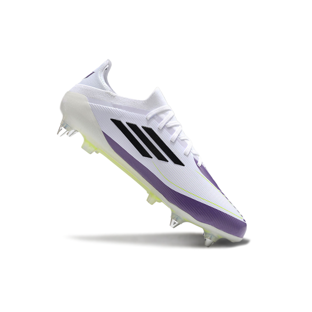 Chuteira Campo Adidas F50 Ponta de Aluminio Branco, Roxo, Amarelo e Preto
