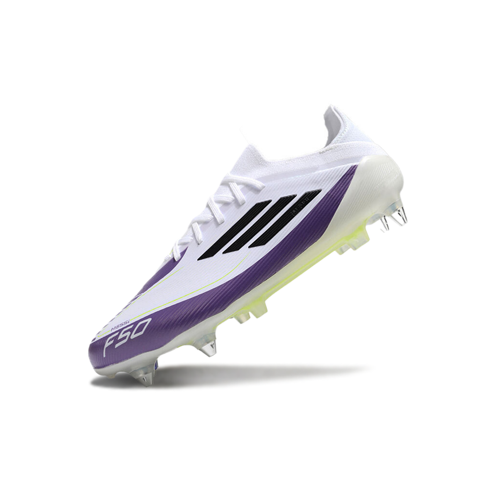 Chuteira Campo Adidas F50 Ponta de Aluminio Branco, Roxo, Amarelo e Preto