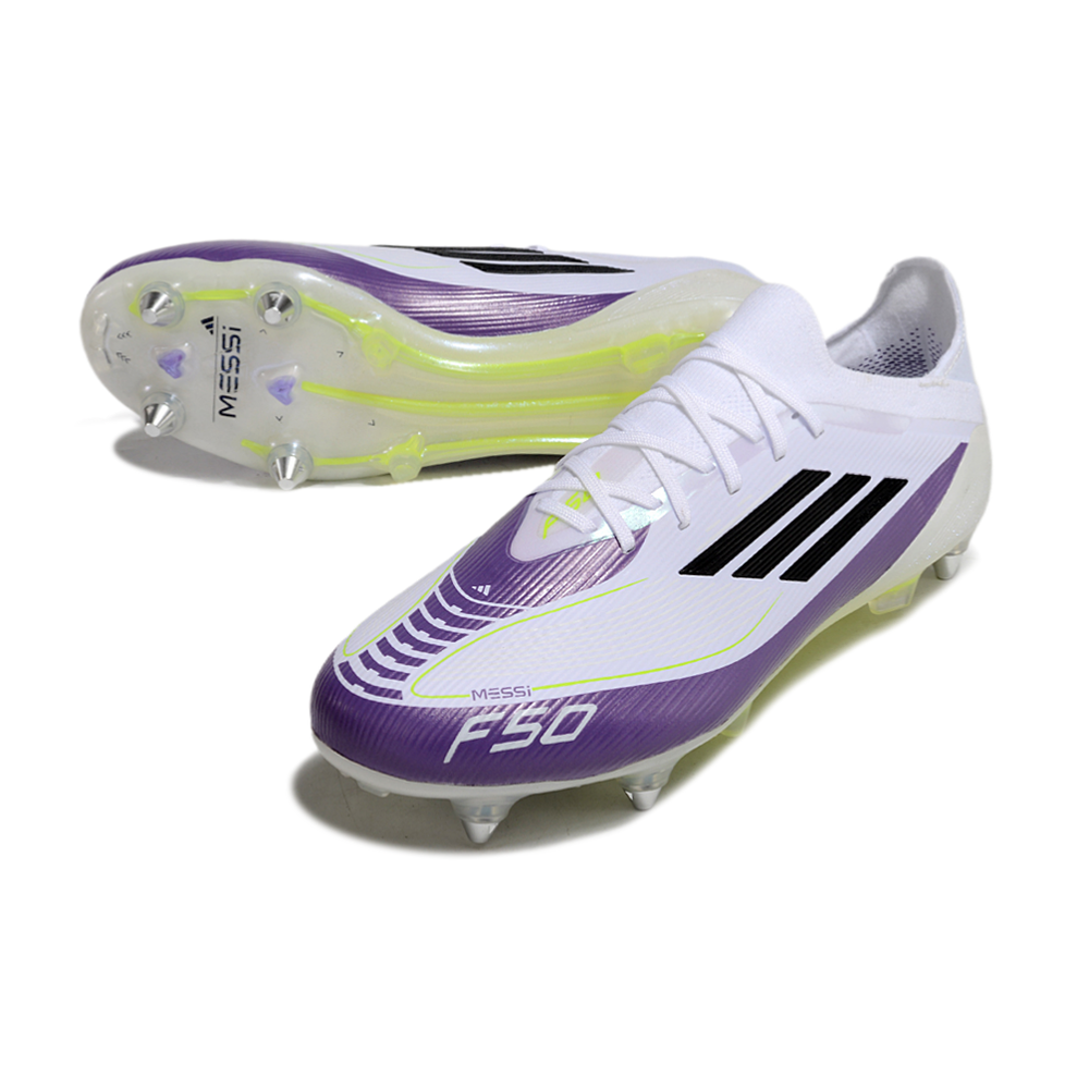 Chuteira Campo Adidas F50 Ponta de Aluminio Branco, Roxo, Amarelo e Preto