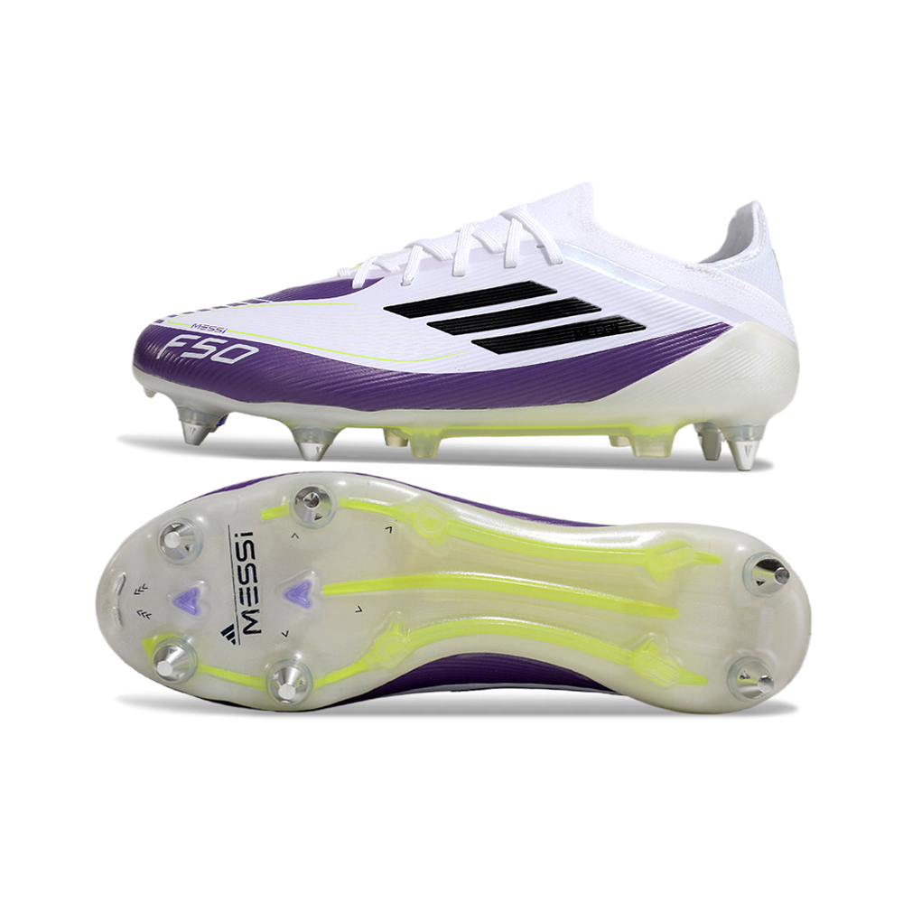 Chuteira Campo Adidas F50 Ponta de Aluminio Branco, Roxo, Amarelo e Preto