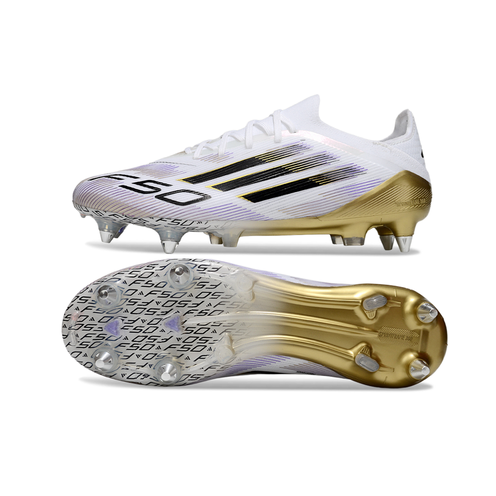 Chuteira Campo Adidas F50 Ponta de Aluminio Branco, Dourado e Roxo