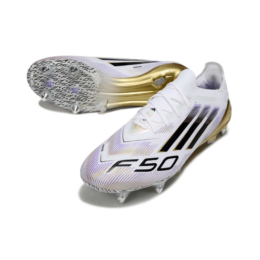 Chuteira Campo Adidas F50 Ponta de Aluminio Branco, Dourado e Roxo