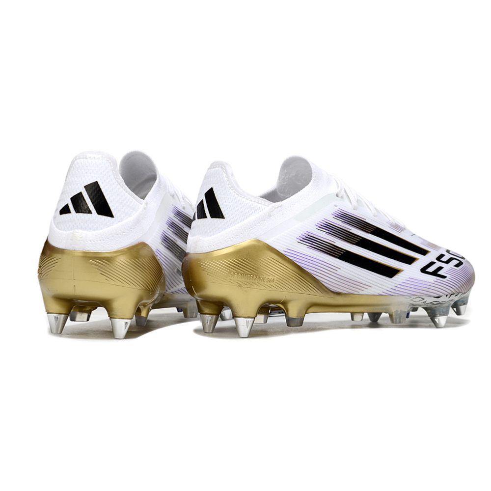 Chuteira Campo Adidas F50 Ponta de Aluminio Branco, Dourado e Roxo