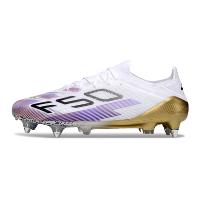 Chuteira Campo Adidas F50+ LL Ponta de Aluminio Branco, Rosa e Dourado