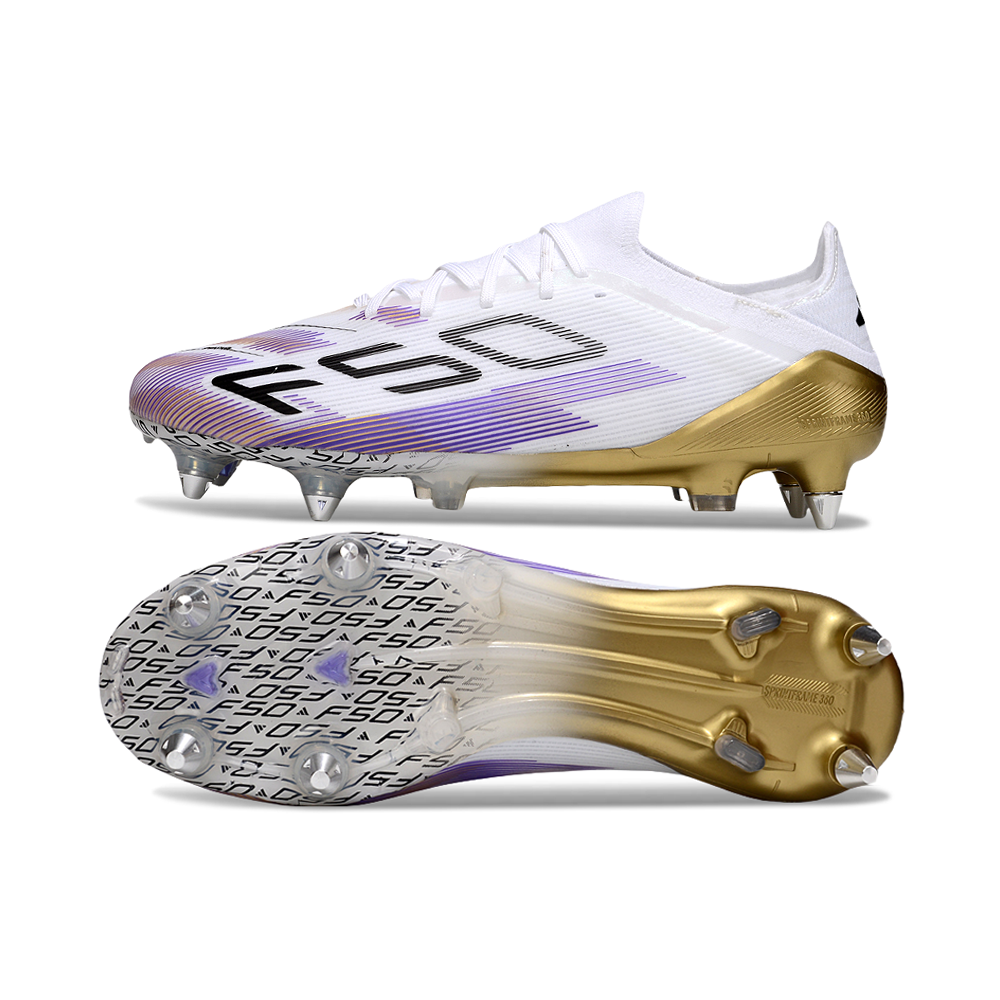 Chuteira Campo Adidas F50+ LL Ponta de Aluminio Branco, Rosa e Dourado