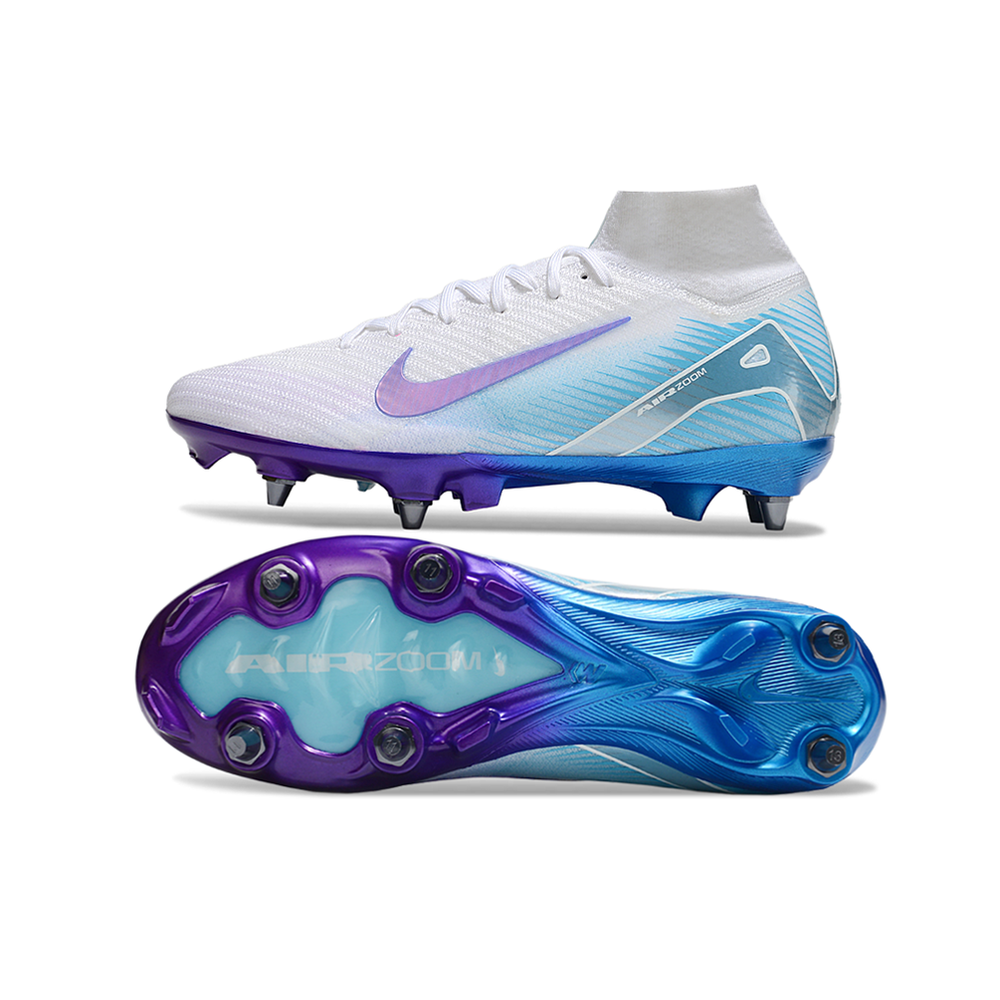 Chuteira Campo Nike Air Zoom Mercurial Superfly 10 Elite Trava Mista Branco, Roxo e Azul