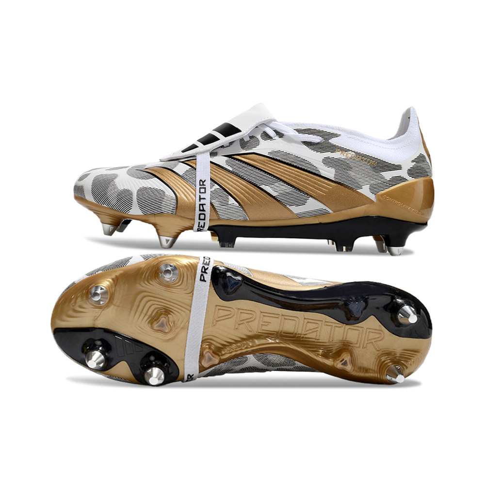 Chuteira Campo Adidas Predator Elite FT 30 Ponta de Aluminio Branco, Dourado e Cinza