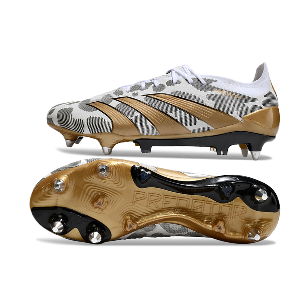 Chuteira Campo Adidas Predator Elite Ponta de Aluminio Branco, Dourado e Cinza