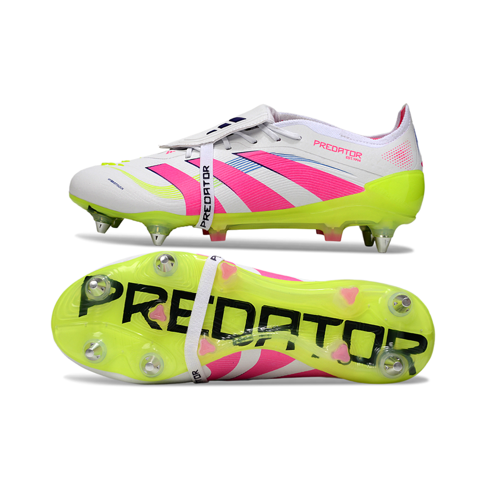 Chuteira Campo Adidas Predator Elite FT 30 Ponta de Aluminio Branco, Rosa e Amarelo