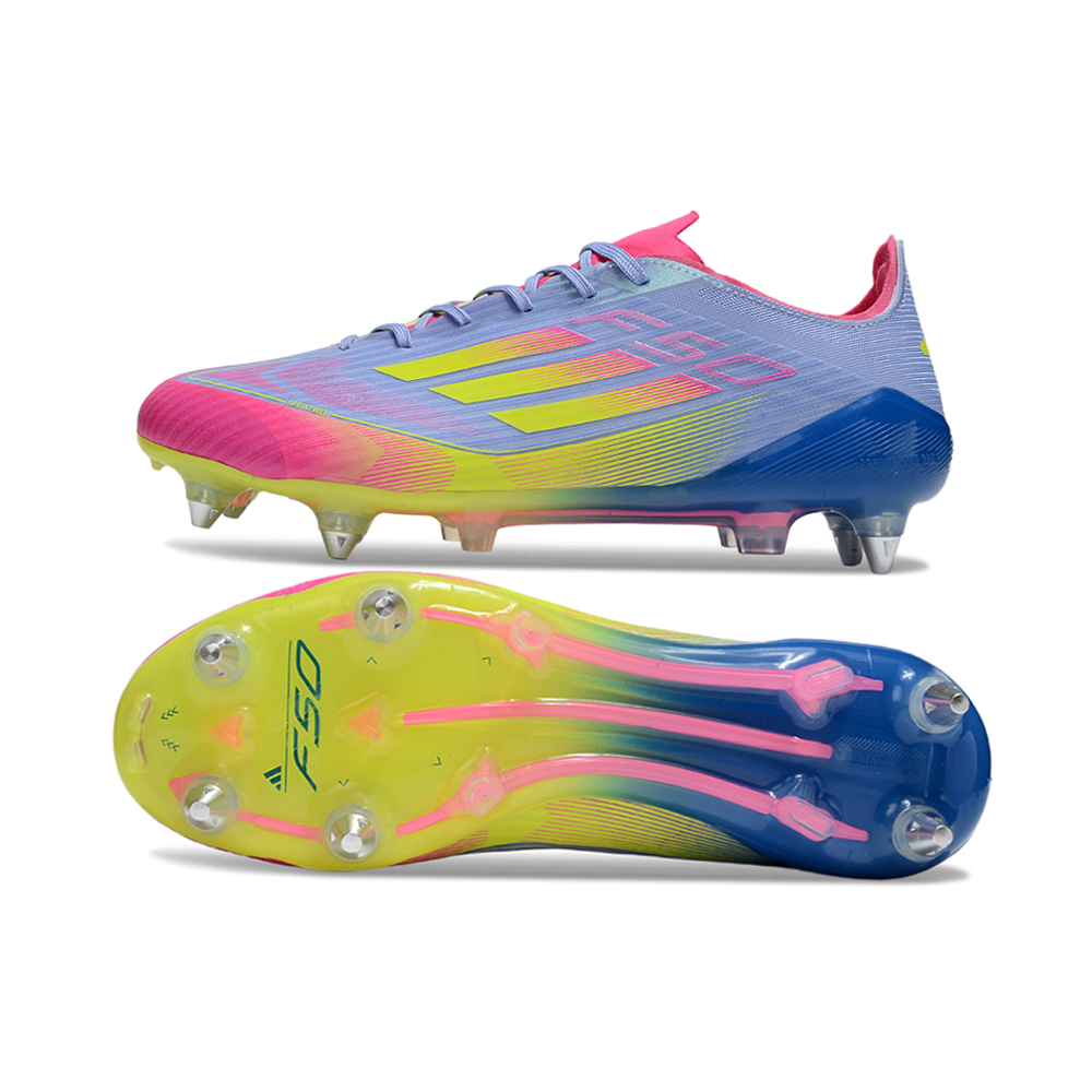 Chuteira Campo Adidas F50 Ponta de Aluminio Roxo, Azul, Rosa e Amarelo