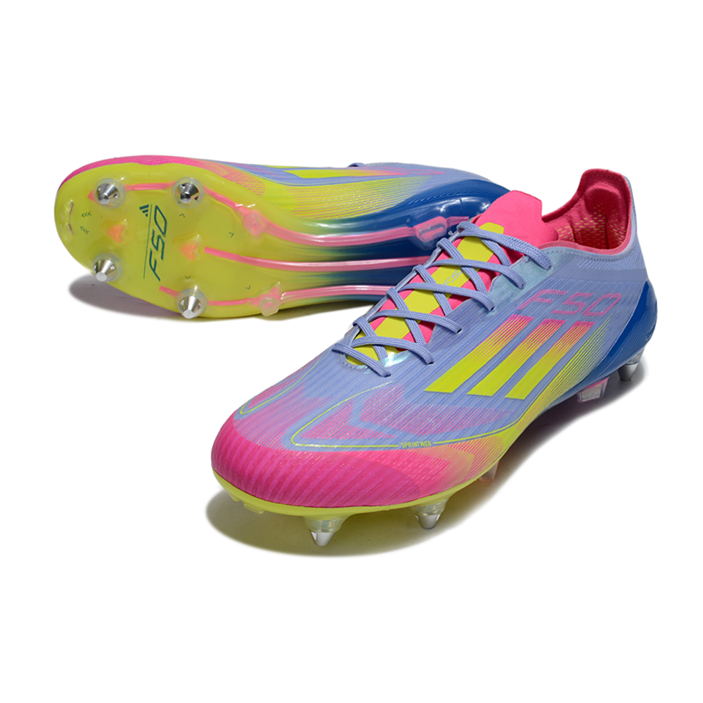 Chuteira Campo Adidas F50 Ponta de Aluminio Roxo, Azul, Rosa e Amarelo