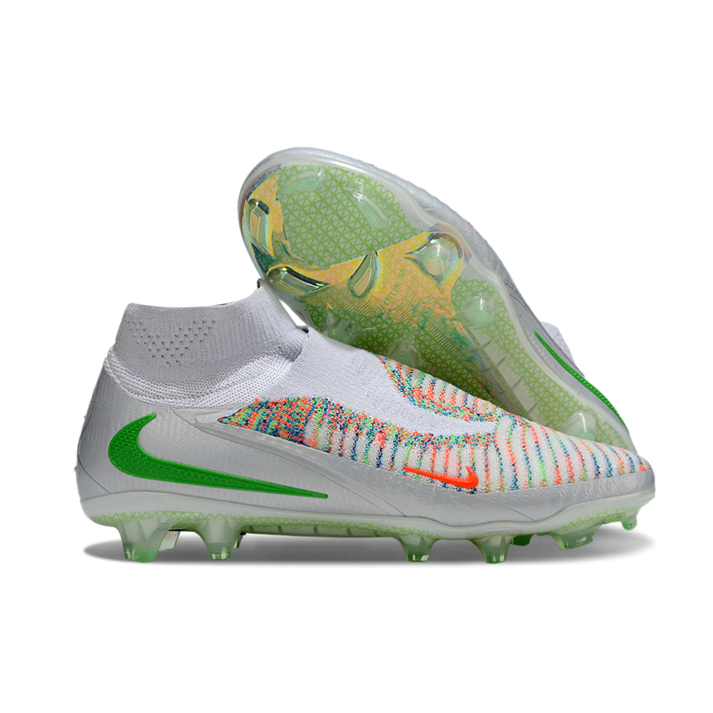 Chuteira Campo Nike Phantom GX 6 Elite FG Prata, Verde e Laranja