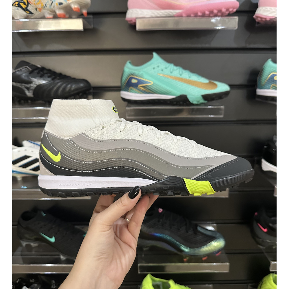 Chuteira Society Nike Air Zoom Mercurial Superfly 10 Elite TF Branco, Cinza e Verde - Pronta Entrega