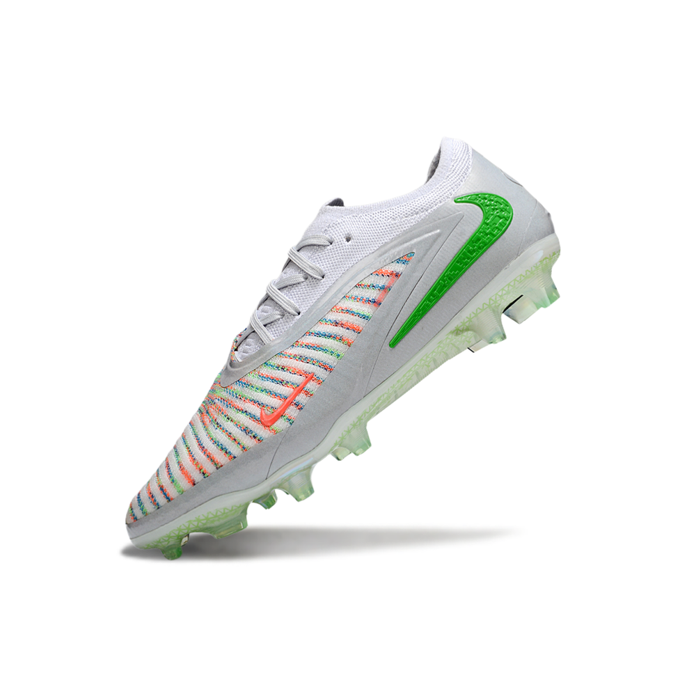Chuteira Campo Nike Phantom GX 3 Elite FG Prata, Verde e Laranja