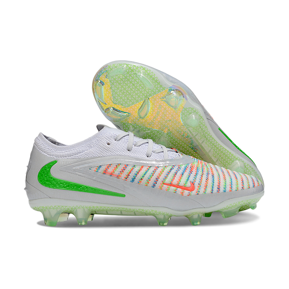 Chuteira Campo Nike Phantom GX 3 Elite FG Prata, Verde e Laranja