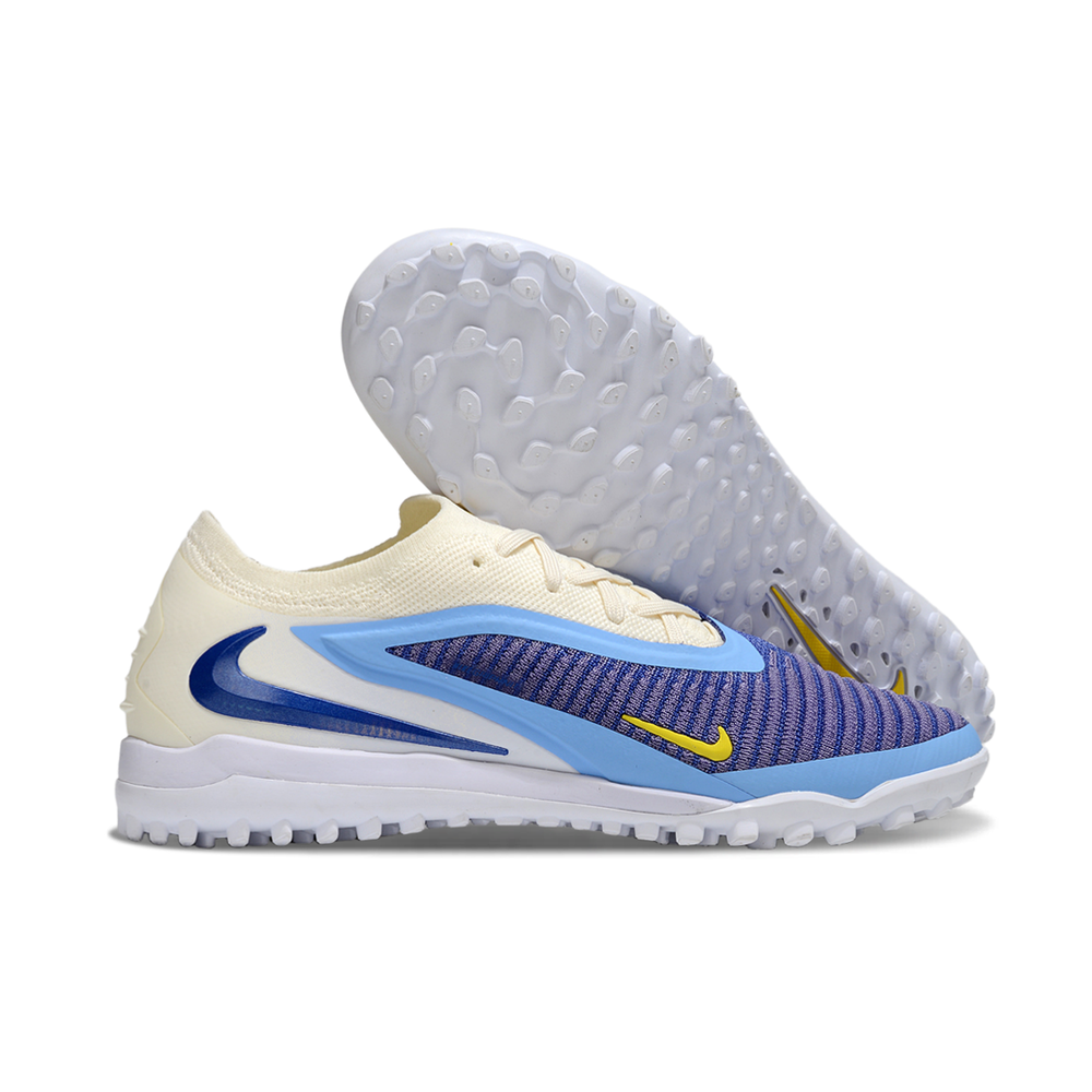Chuteira Society Nike Phantom GX 6 Elite TF Branco, Azul e Amarelo ''Fear Nothing''