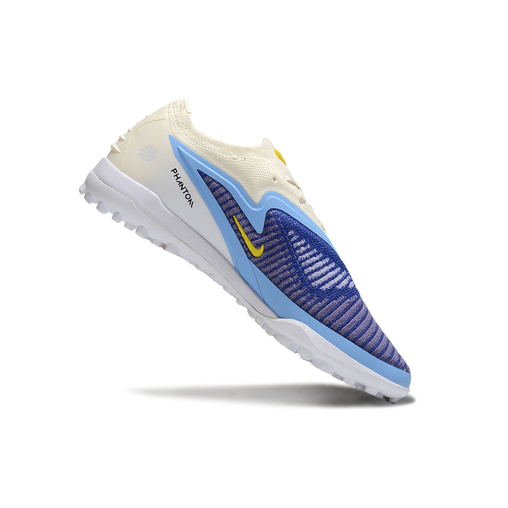 Chuteira Society Nike Phantom GX 6 Elite TF Branco, Azul e Amarelo ''Fear Nothing''