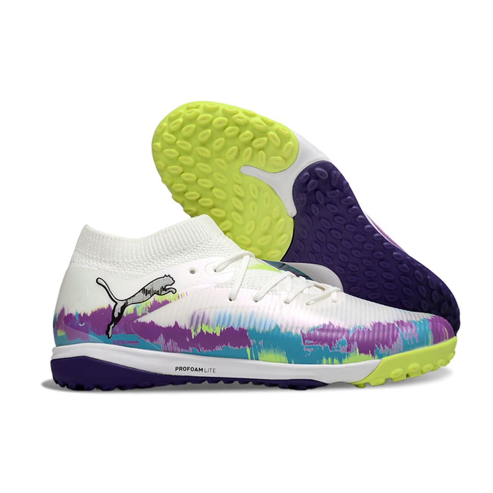 Chuteira Society Puma Future 8 TF Branca, Roxa, Azul e Verde "Brilliance Pack"