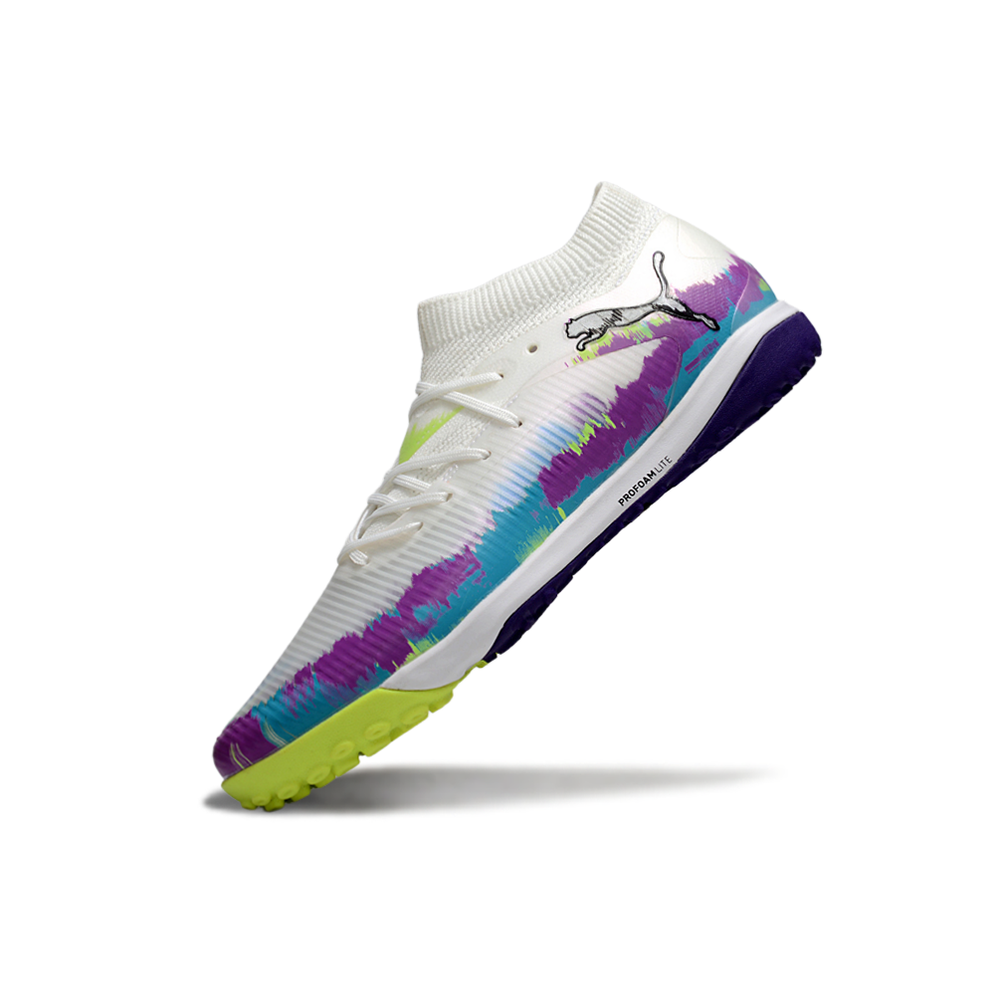 Chuteira Society Puma Future 8 TF Branca, Roxa, Azul e Verde "Brilliance Pack"