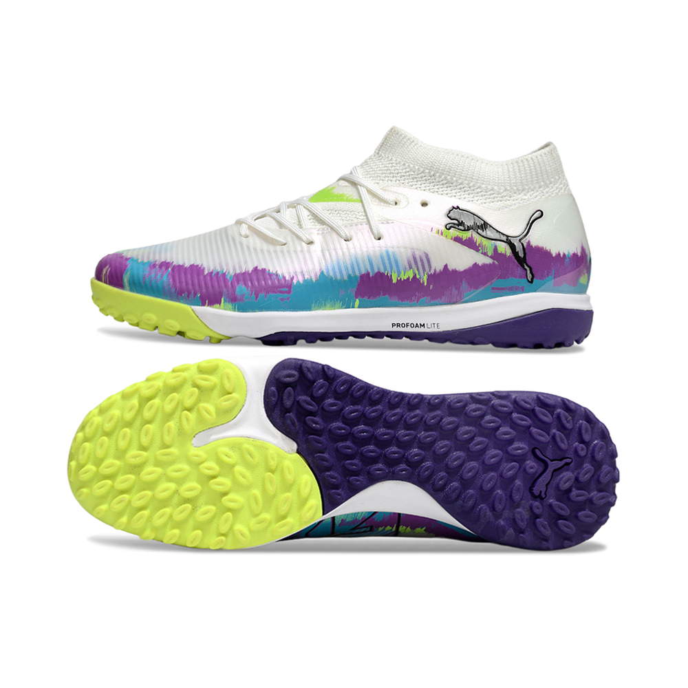 Chuteira Society Puma Future 8 TF Branca, Roxa, Azul e Verde "Brilliance Pack"