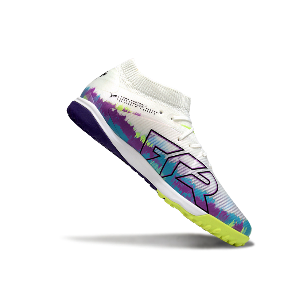 Chuteira Society Puma Future 8 TF Branca, Roxa, Azul e Verde "Brilliance Pack"