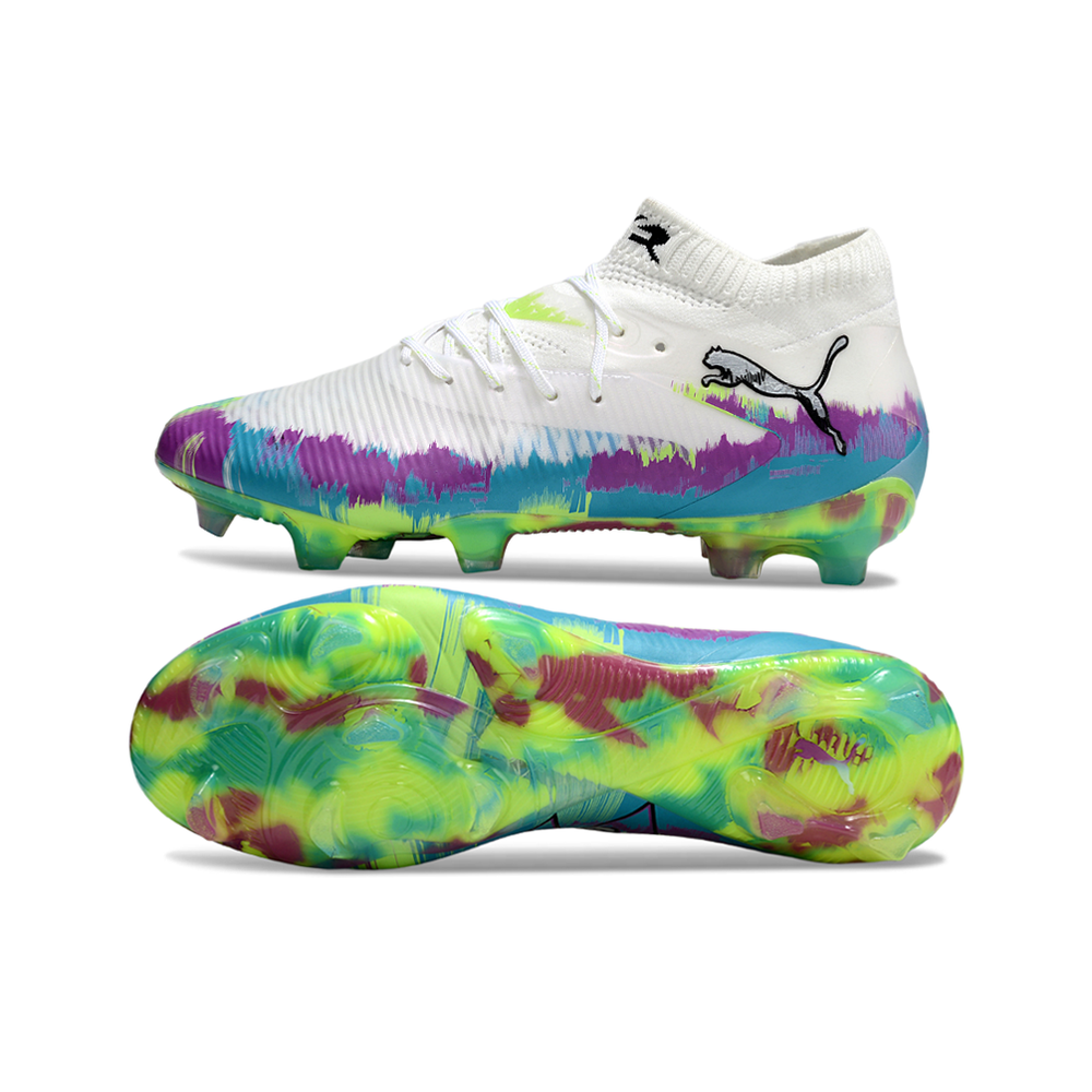 Chuteira Campo Puma Future 8 FG Branca, Roxa, Azul e Verde "Brilliance Pack"