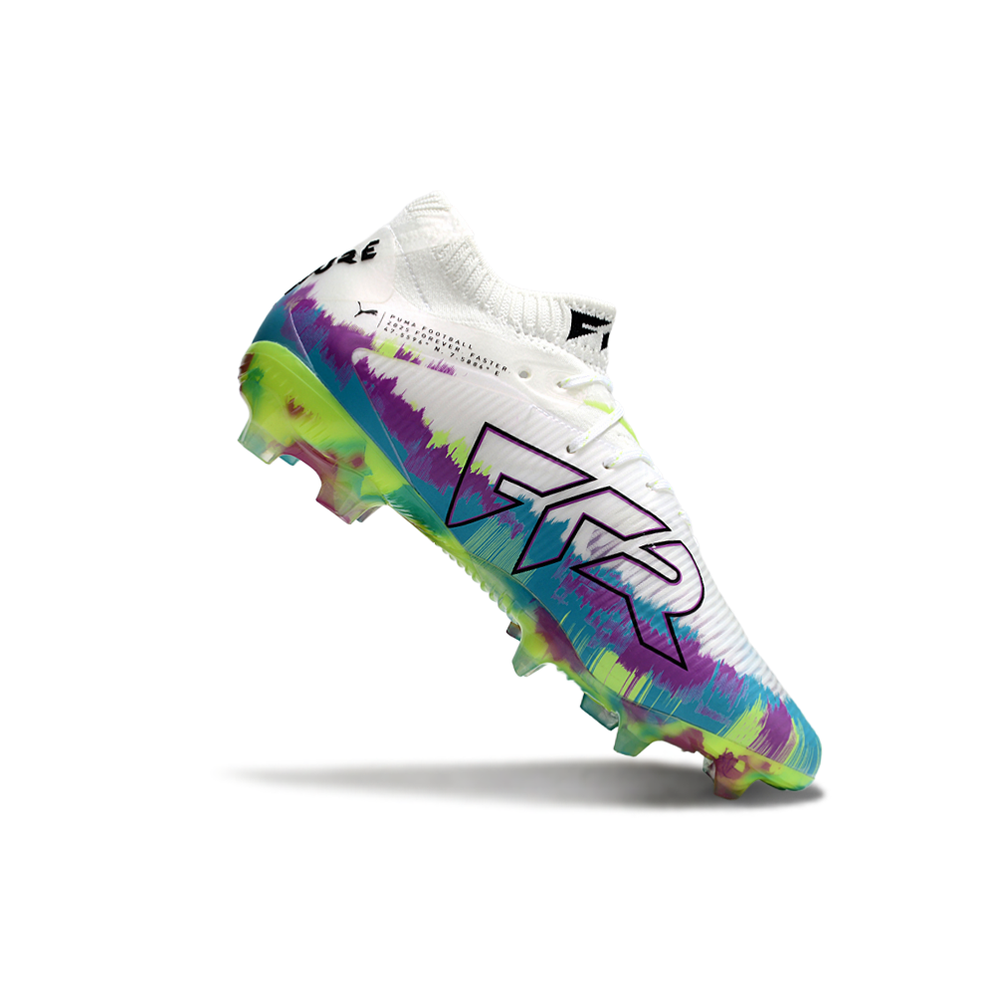 Chuteira Campo Puma Future 8 FG Branca, Roxa, Azul e Verde "Brilliance Pack"