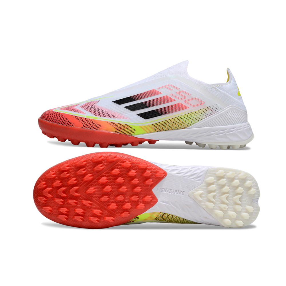 Chuteira Society Adidas F50+ TF Branco, Vermelho e Amarelo