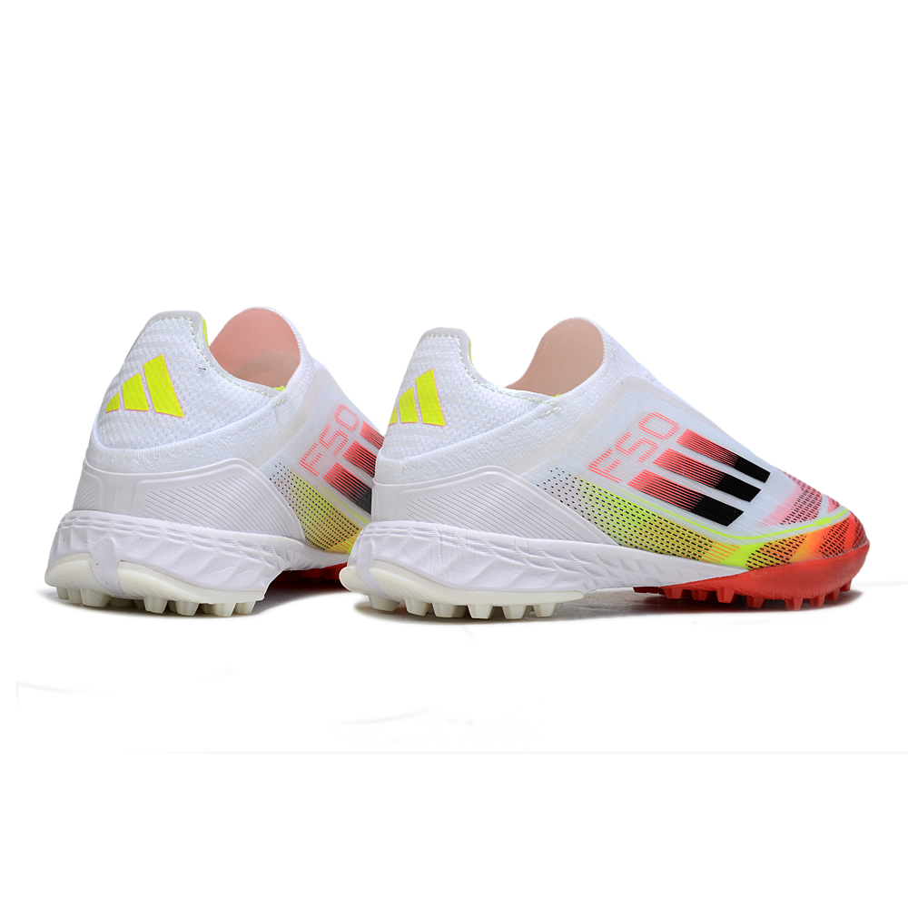 Chuteira Society Adidas F50+ TF Branco, Vermelho e Amarelo