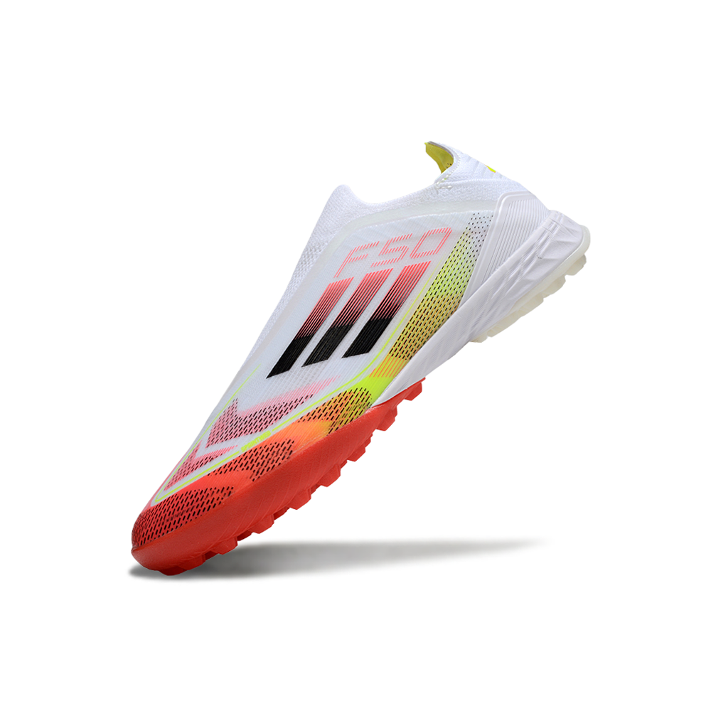 Chuteira Society Adidas F50+ TF Branco, Vermelho e Amarelo