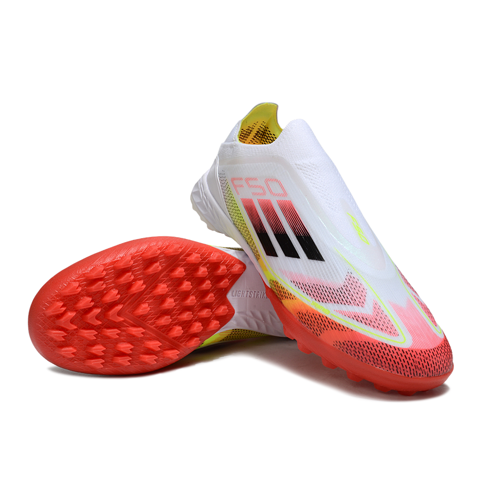 Chuteira Society Adidas F50+ TF Branco, Vermelho e Amarelo