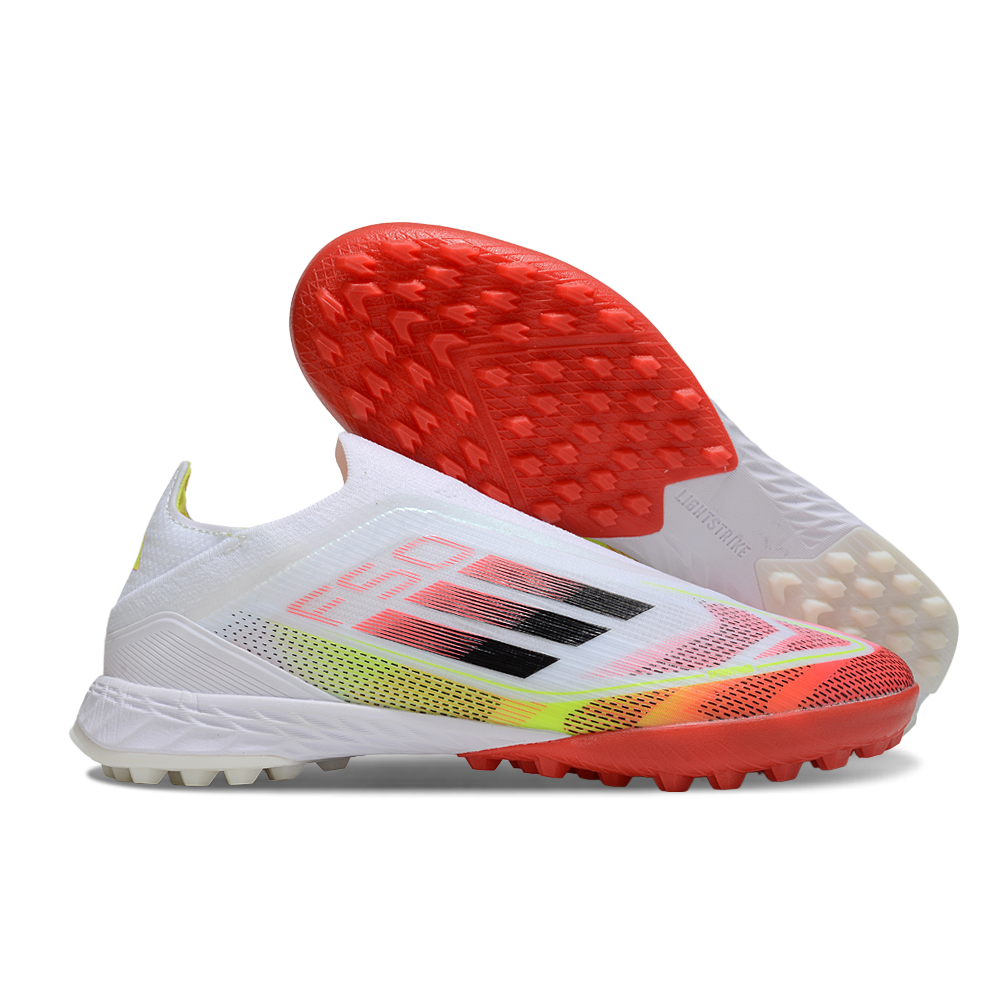 Chuteira Society Adidas F50+ TF Branco, Vermelho e Amarelo