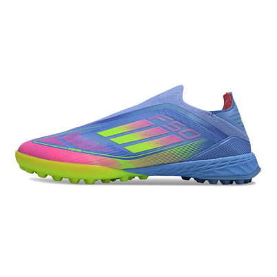 Chuteira Society Adidas F50+ TF Azul, Verde e Rosa