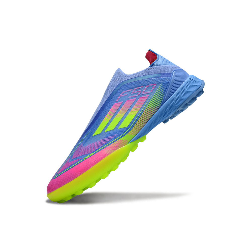 Chuteira Society Adidas F50+ TF Azul, Verde e Rosa