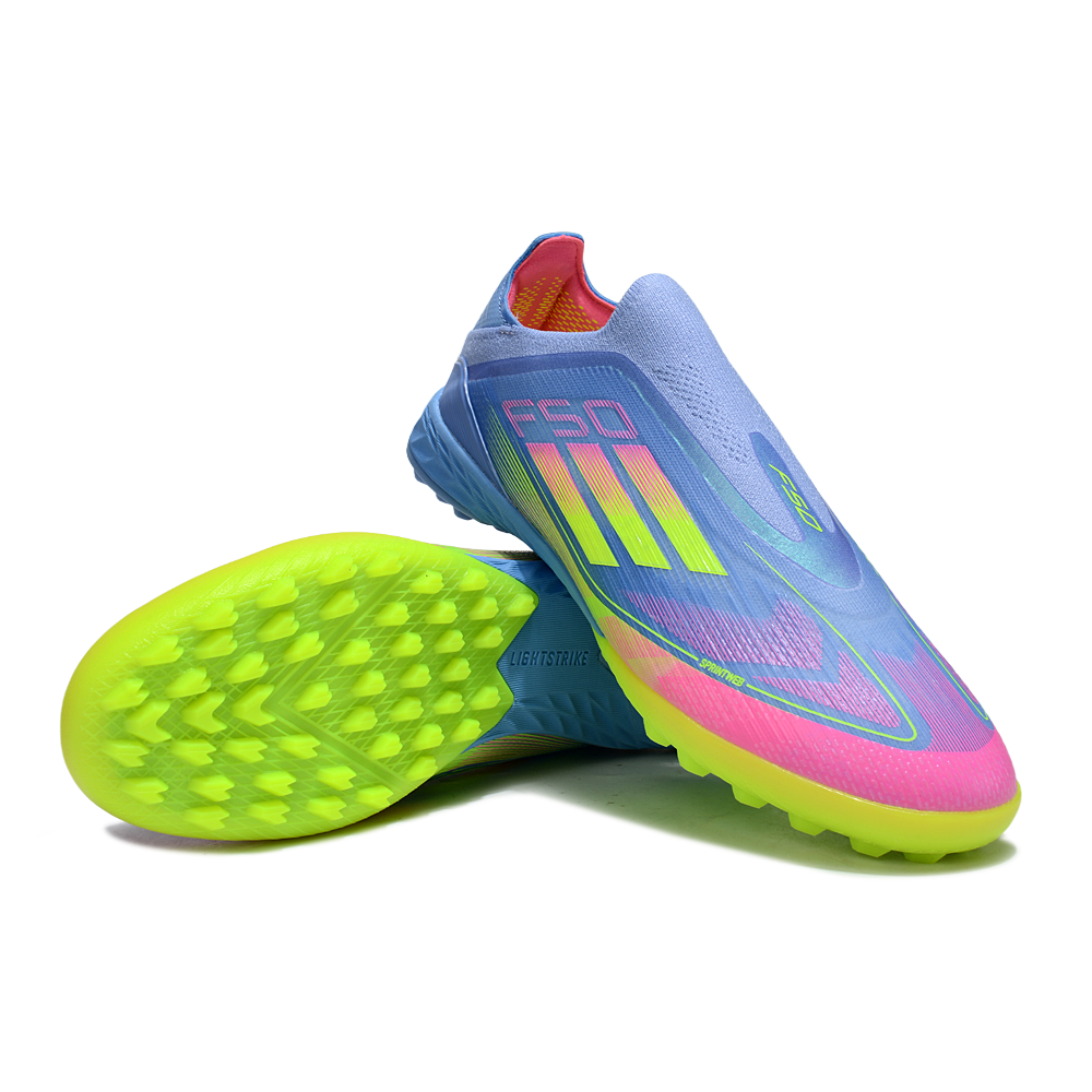 Chuteira Society Adidas F50+ TF Azul, Verde e Rosa