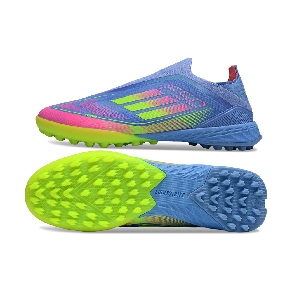 Chuteira Society Adidas F50+ TF Azul, Verde e Rosa
